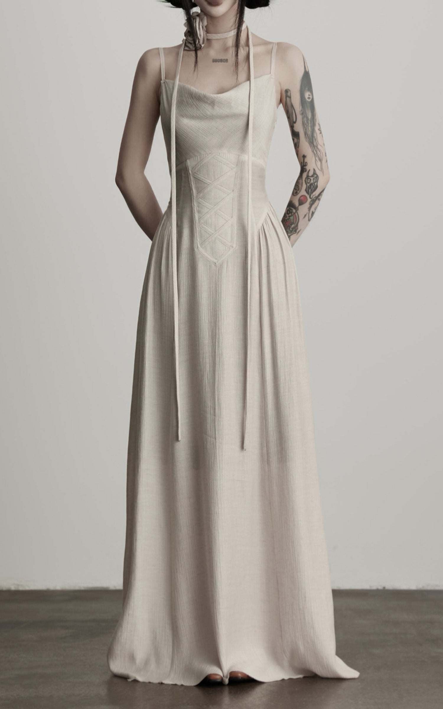DOINDULGE Draped Maxi Dress with Corset Waist and Rosette Detail