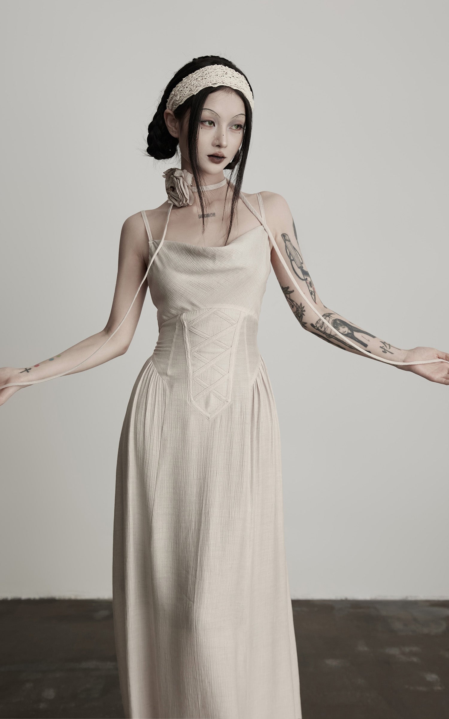 DOINDULGE Draped Maxi Dress with Corset Waist and Rosette Detail