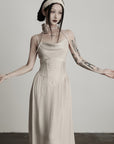 DOINDULGE Draped Maxi Dress with Corset Waist and Rosette Detail