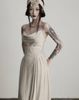 DOINDULGE Draped Maxi Dress with Corset Waist and Rosette Detail