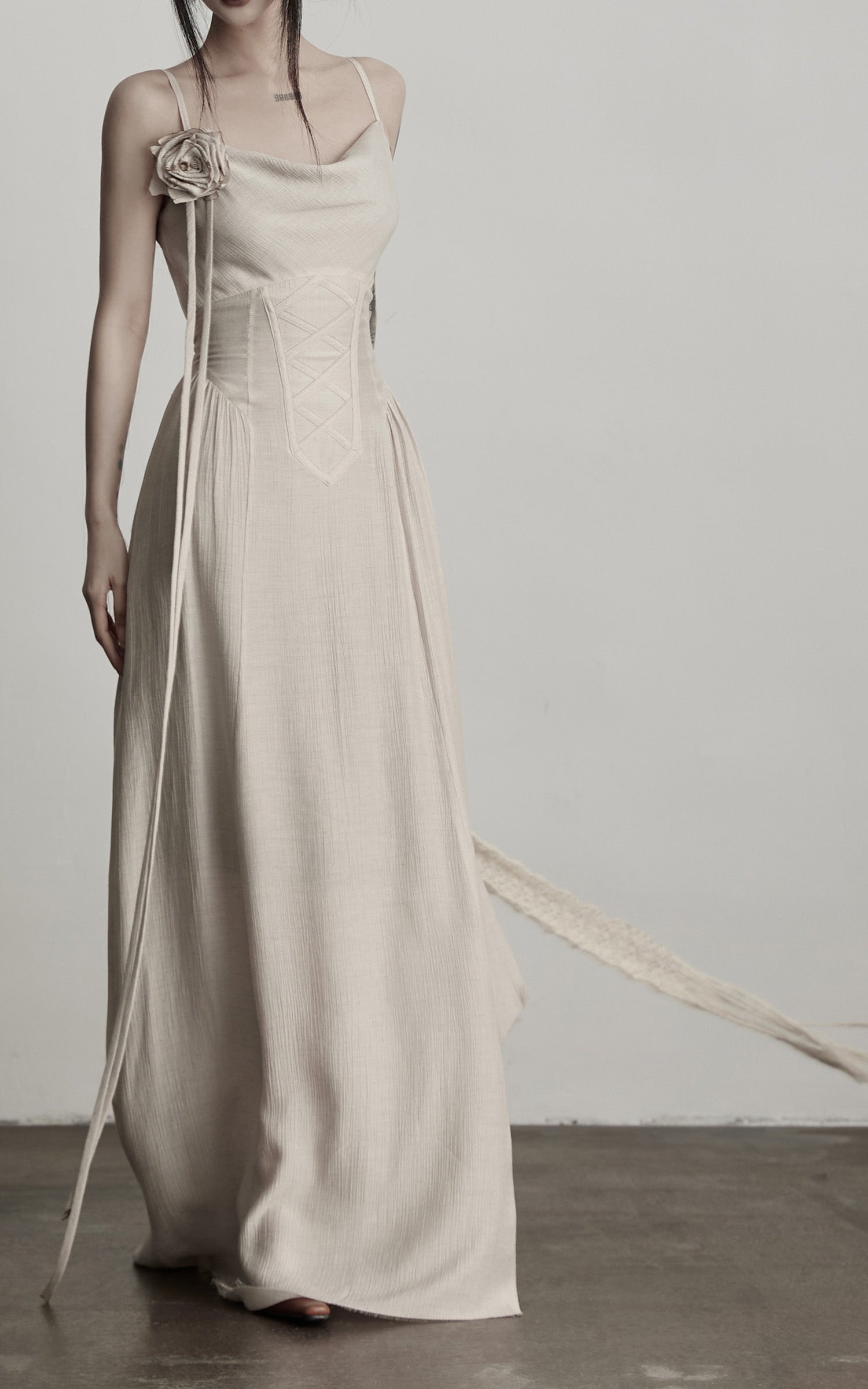 DOINDULGE Draped Maxi Dress with Corset Waist and Rosette Detail