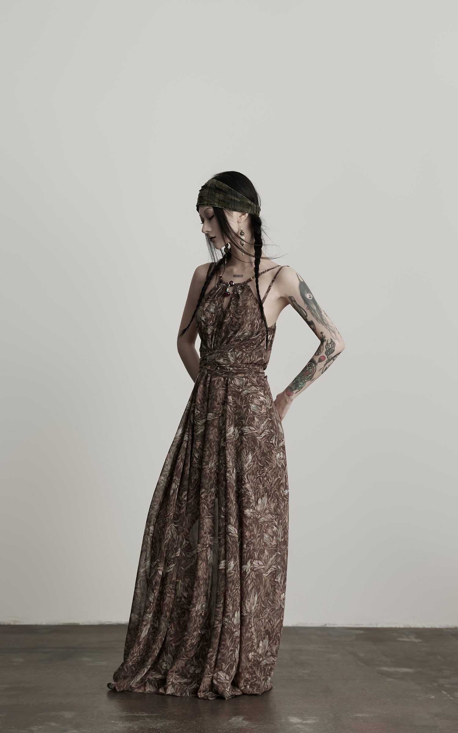 DOINDULGE Feather-Printed Halter Dress with Beaded Straps and Draped Silhouette