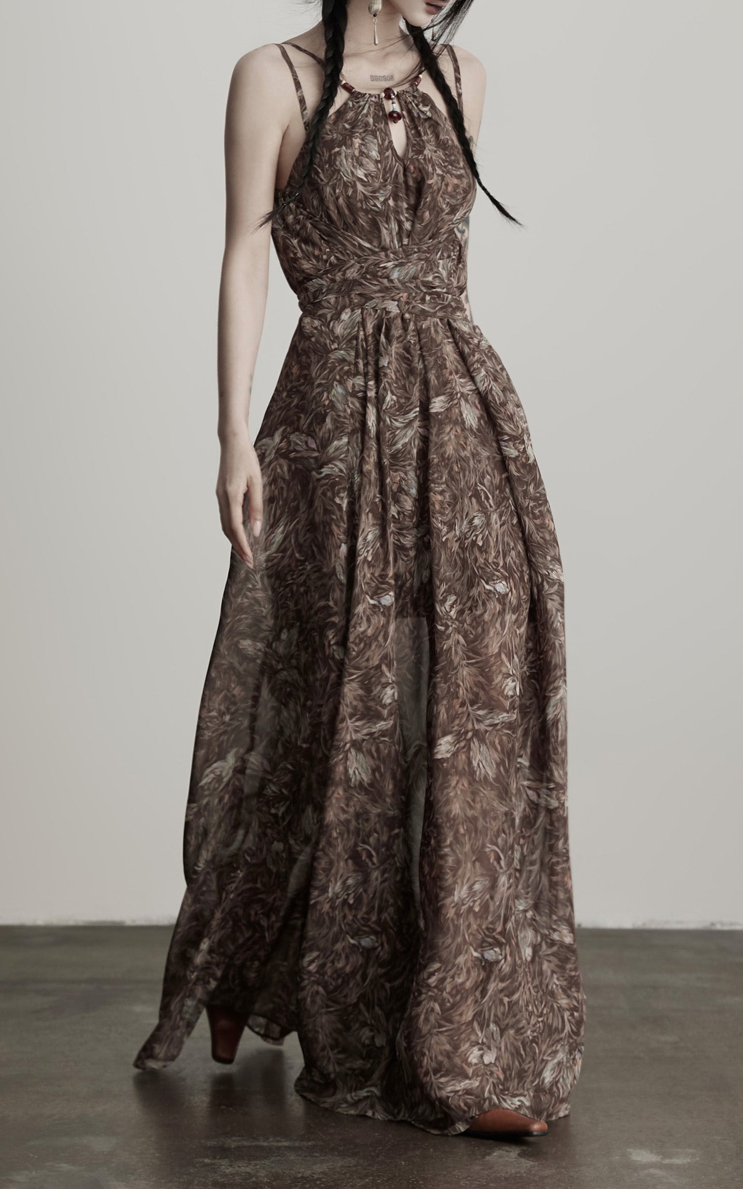 DOINDULGE Feather-Printed Halter Dress with Beaded Straps and Draped Silhouette