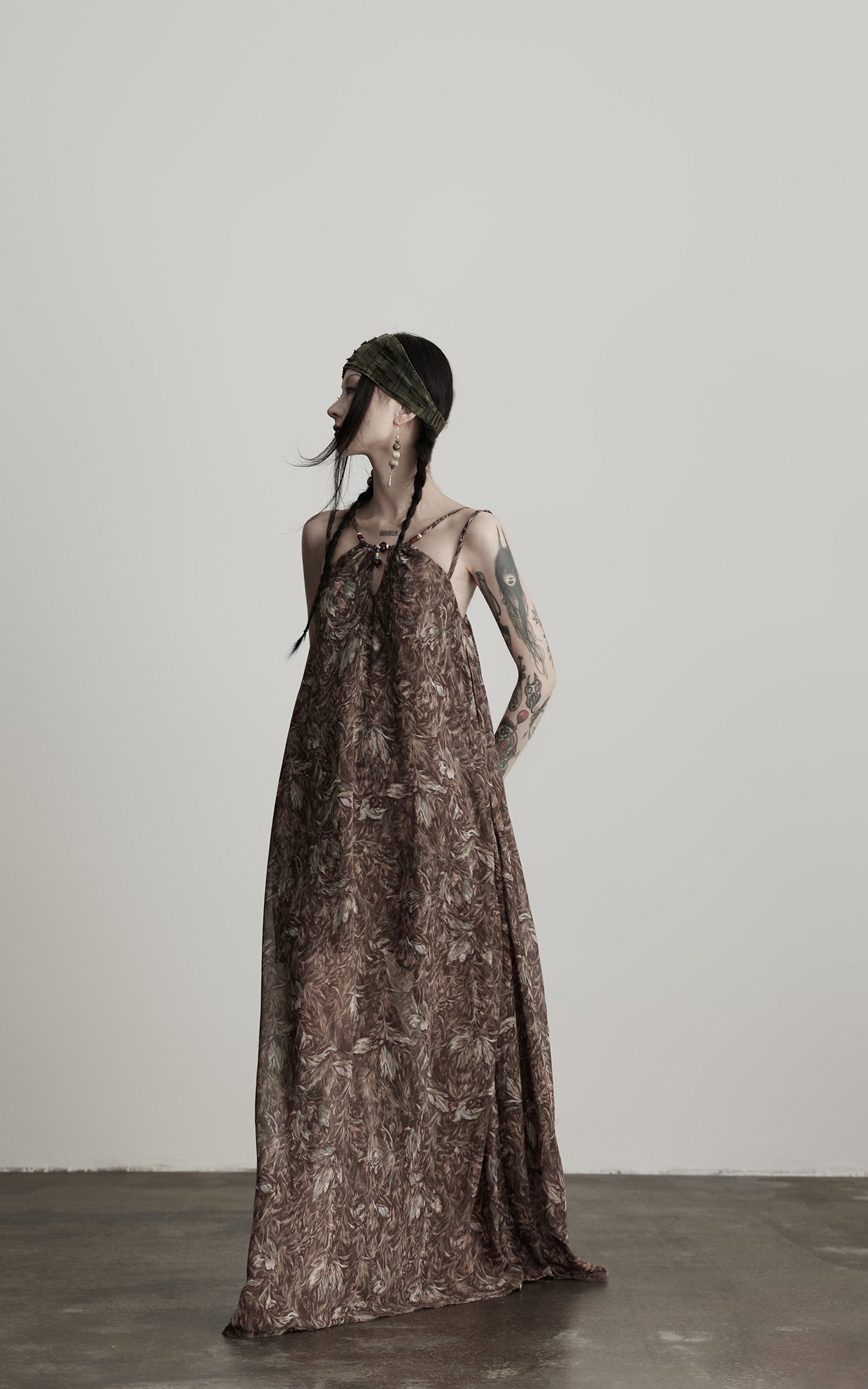 DOINDULGE Feather-Printed Halter Dress with Beaded Straps and Draped Silhouette