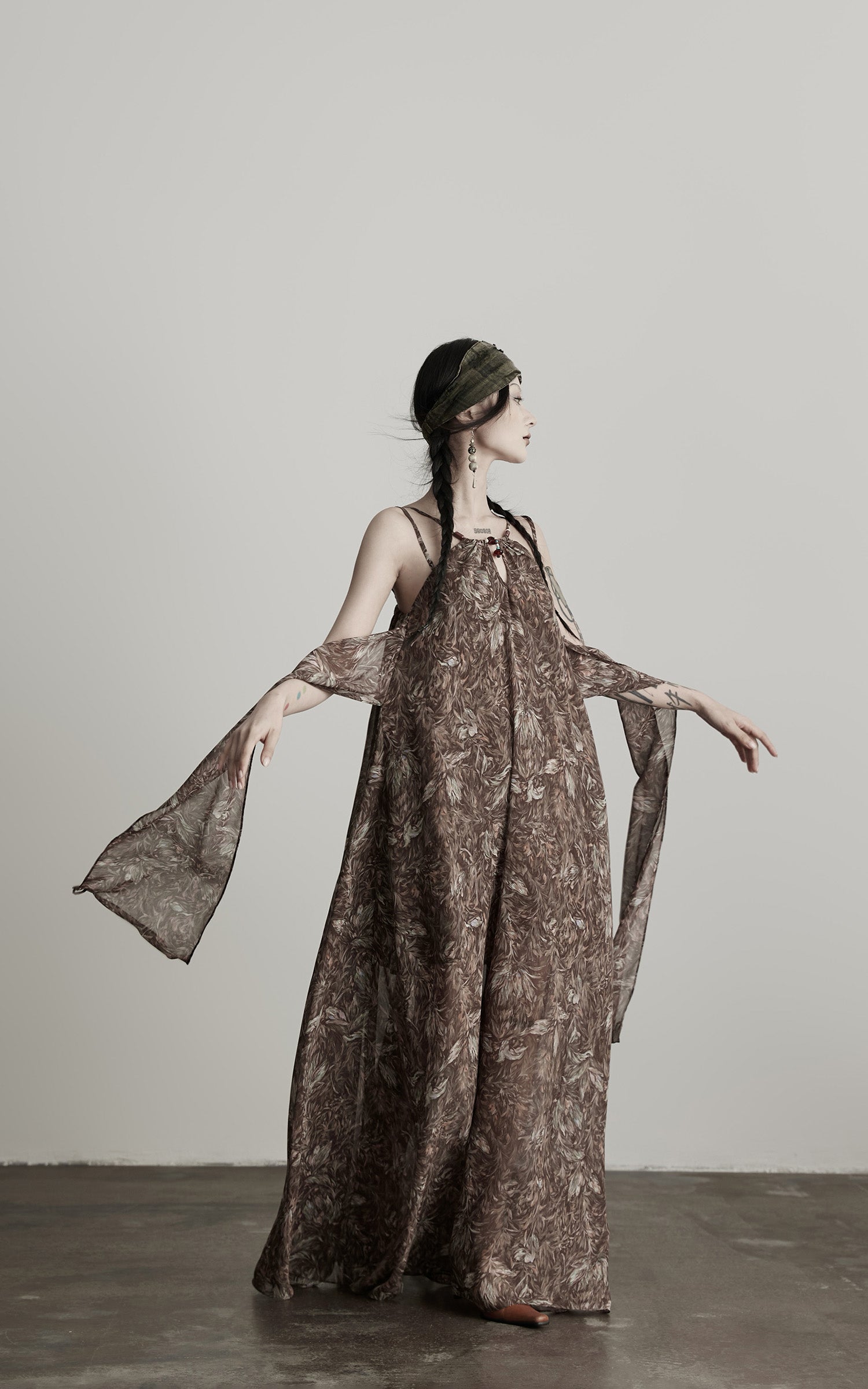 DOINDULGE Feather-Printed Halter Dress with Beaded Straps and Draped Silhouette