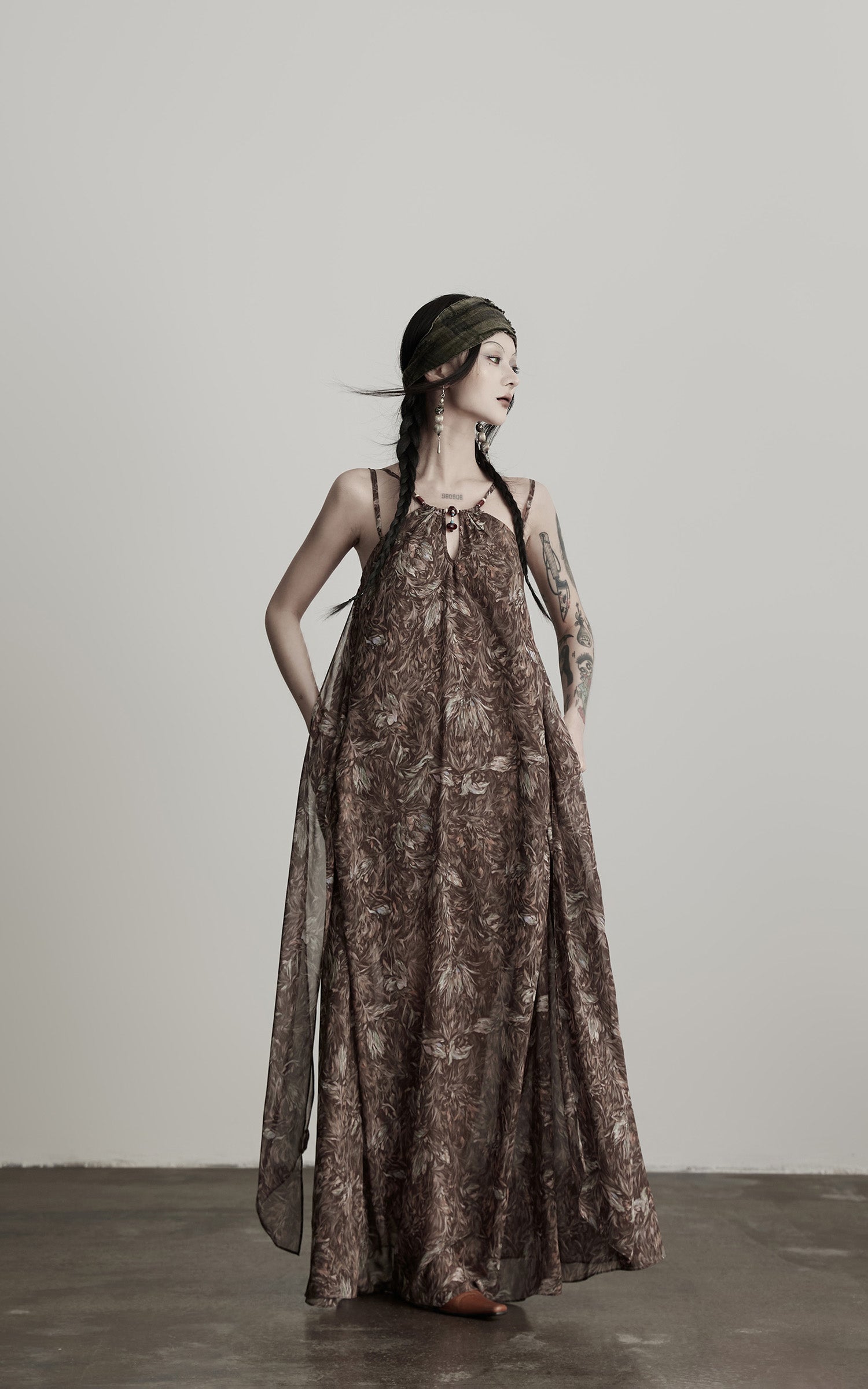 DOINDULGE Feather-Printed Halter Dress with Beaded Straps and Draped Silhouette