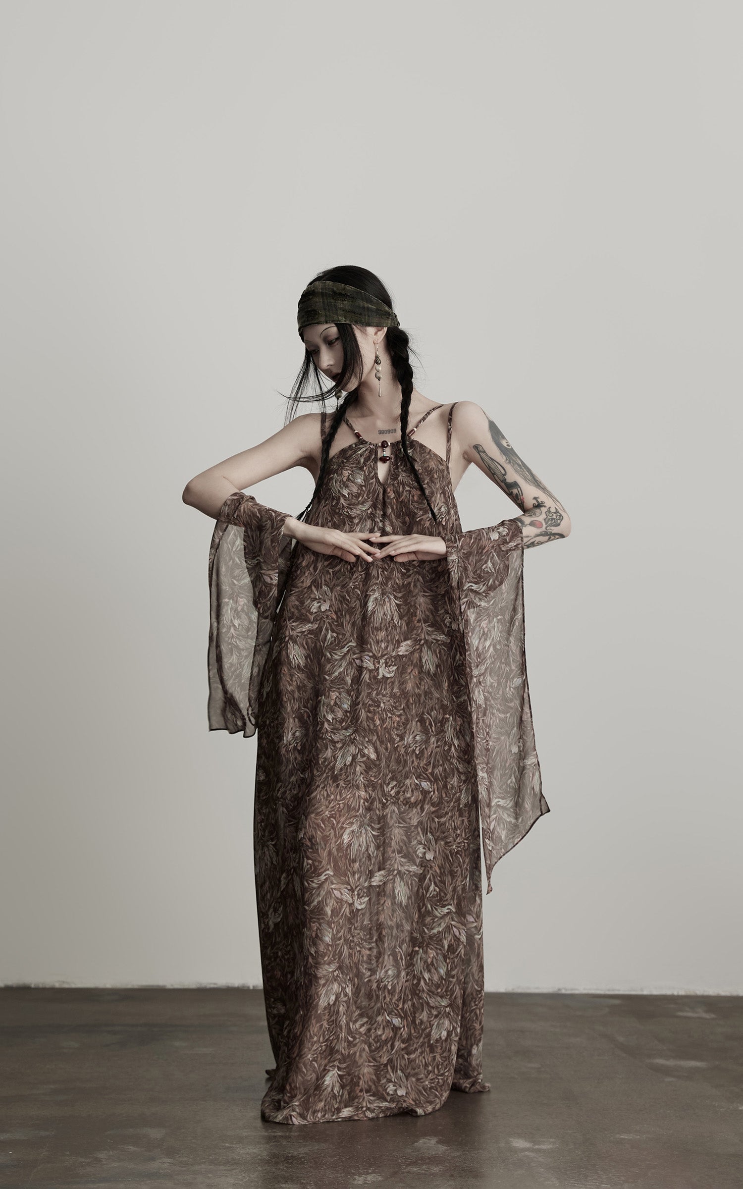 DOINDULGE Feather-Printed Halter Dress with Beaded Straps and Draped Silhouette