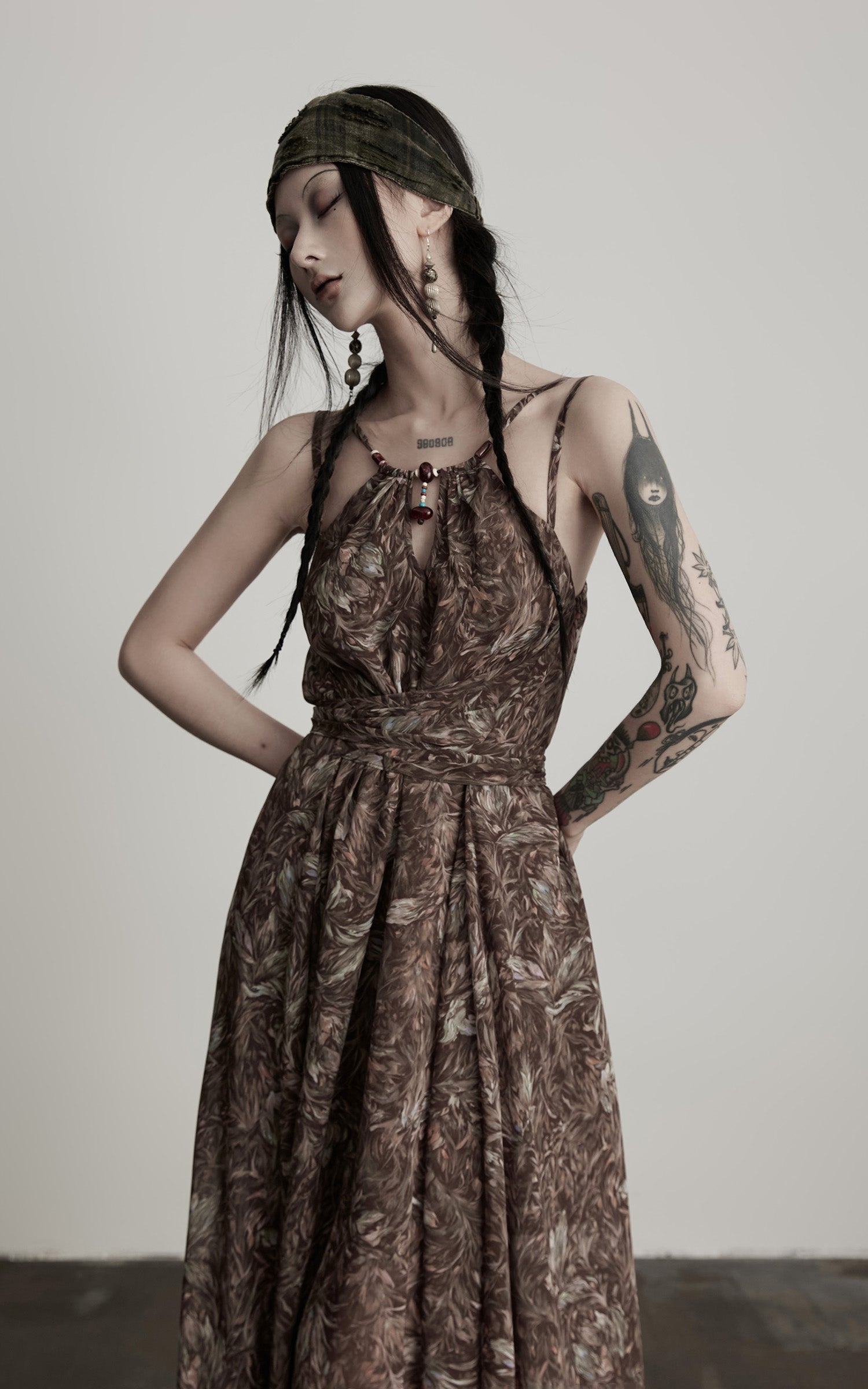 DOINDULGE Feather-Printed Halter Dress with Beaded Straps and Draped Silhouette