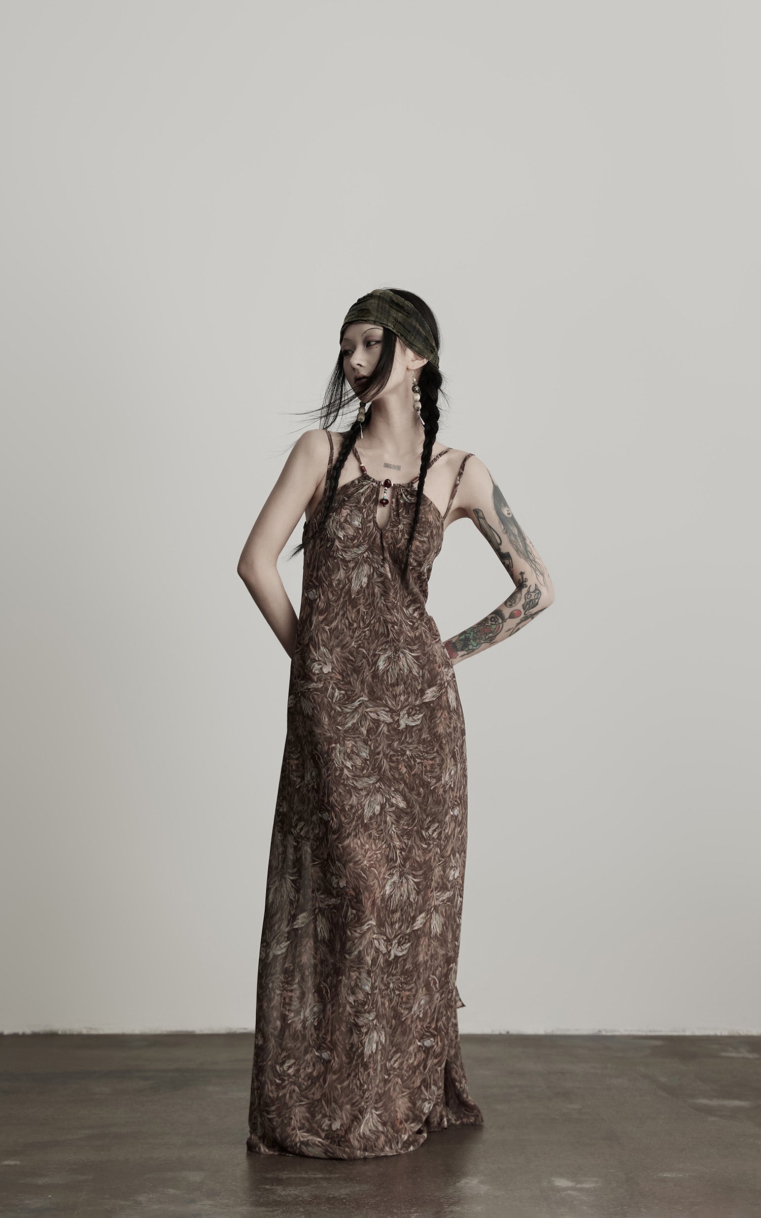 DOINDULGE Feather-Printed Halter Dress with Beaded Straps and Draped Silhouette