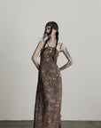 DOINDULGE Feather-Printed Halter Dress with Beaded Straps and Draped Silhouette