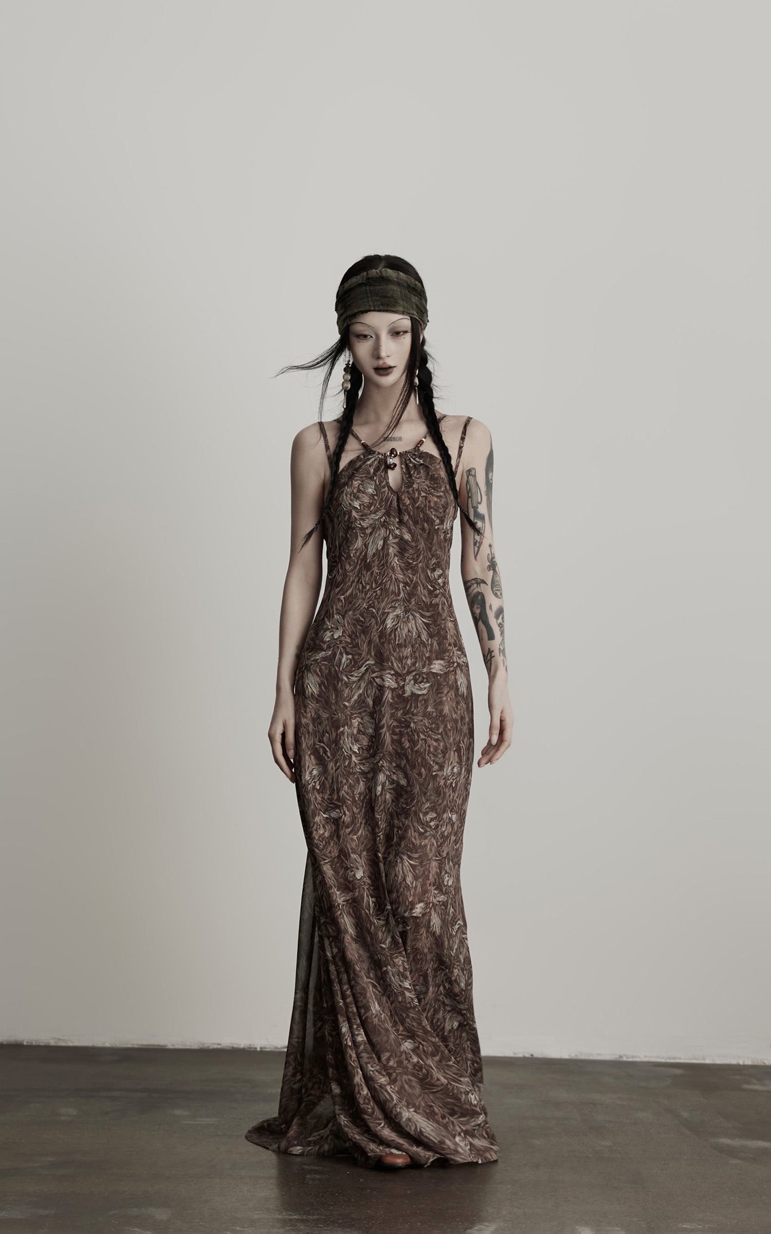 DOINDULGE Feather-Printed Halter Dress with Beaded Straps and Draped Silhouette