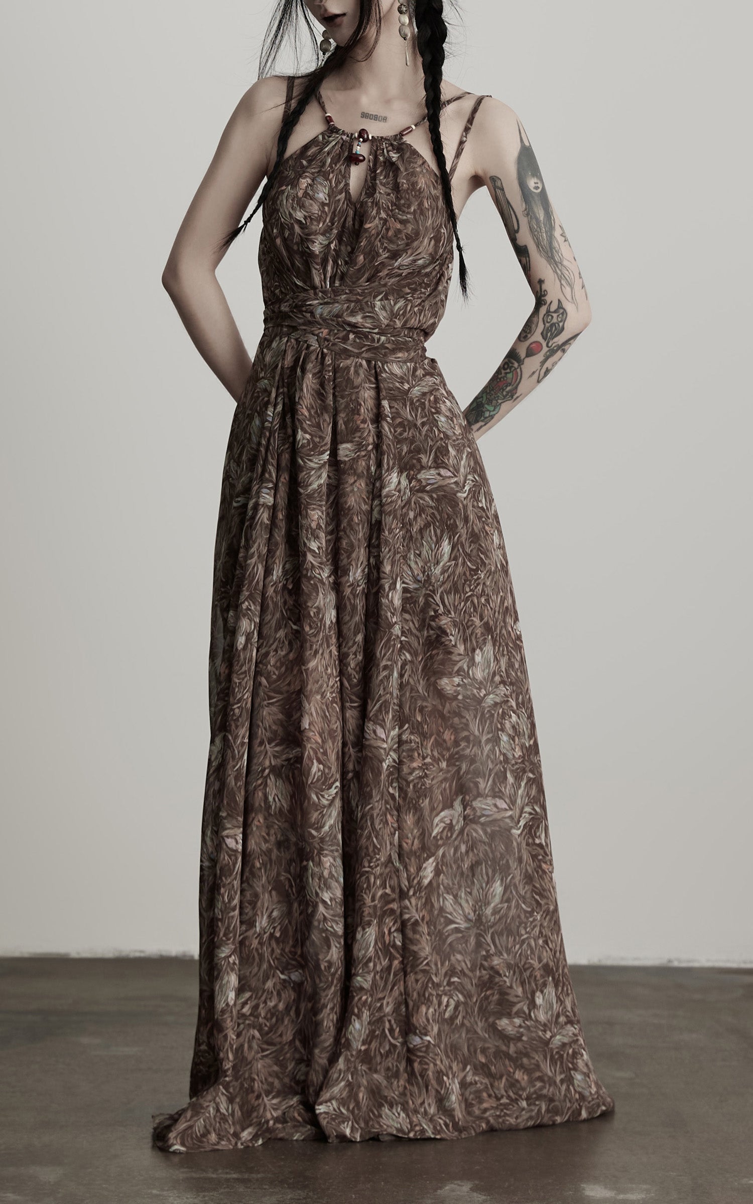 DOINDULGE Feather-Printed Halter Dress with Beaded Straps and Draped Silhouette