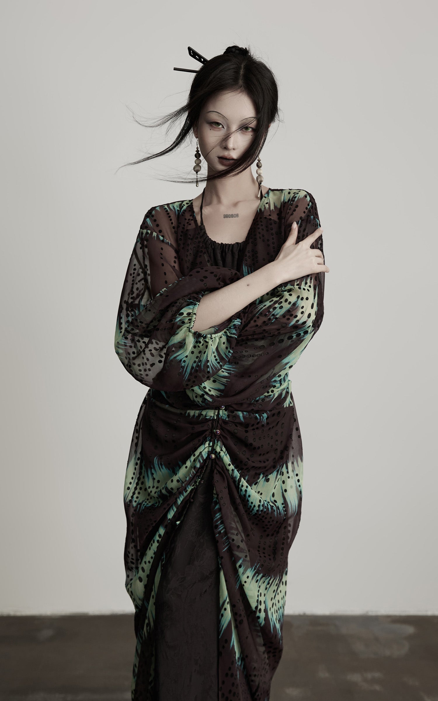 DOINDULGE Draped Dot Mesh Cardigan