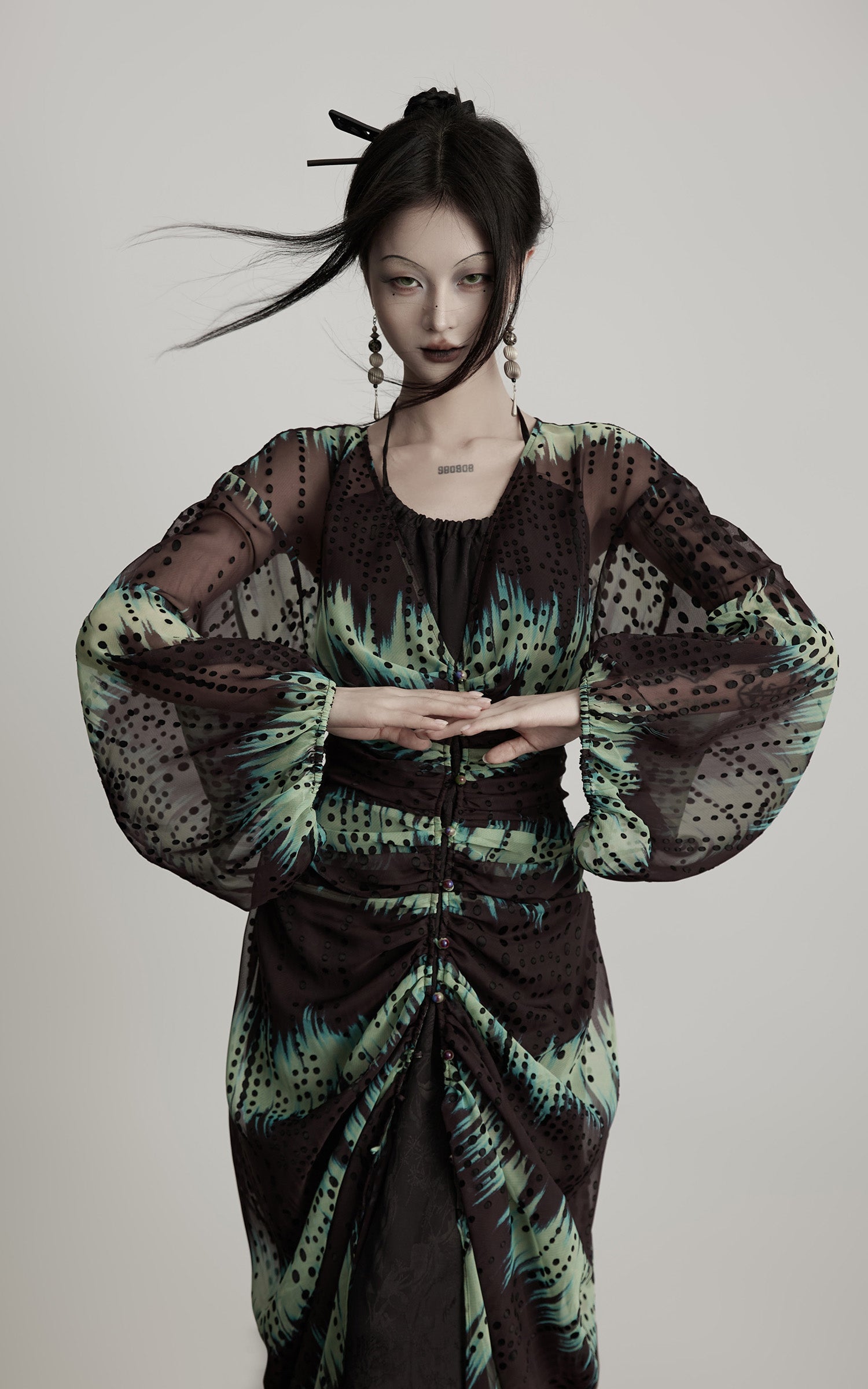 DOINDULGE Draped Dot Mesh Cardigan