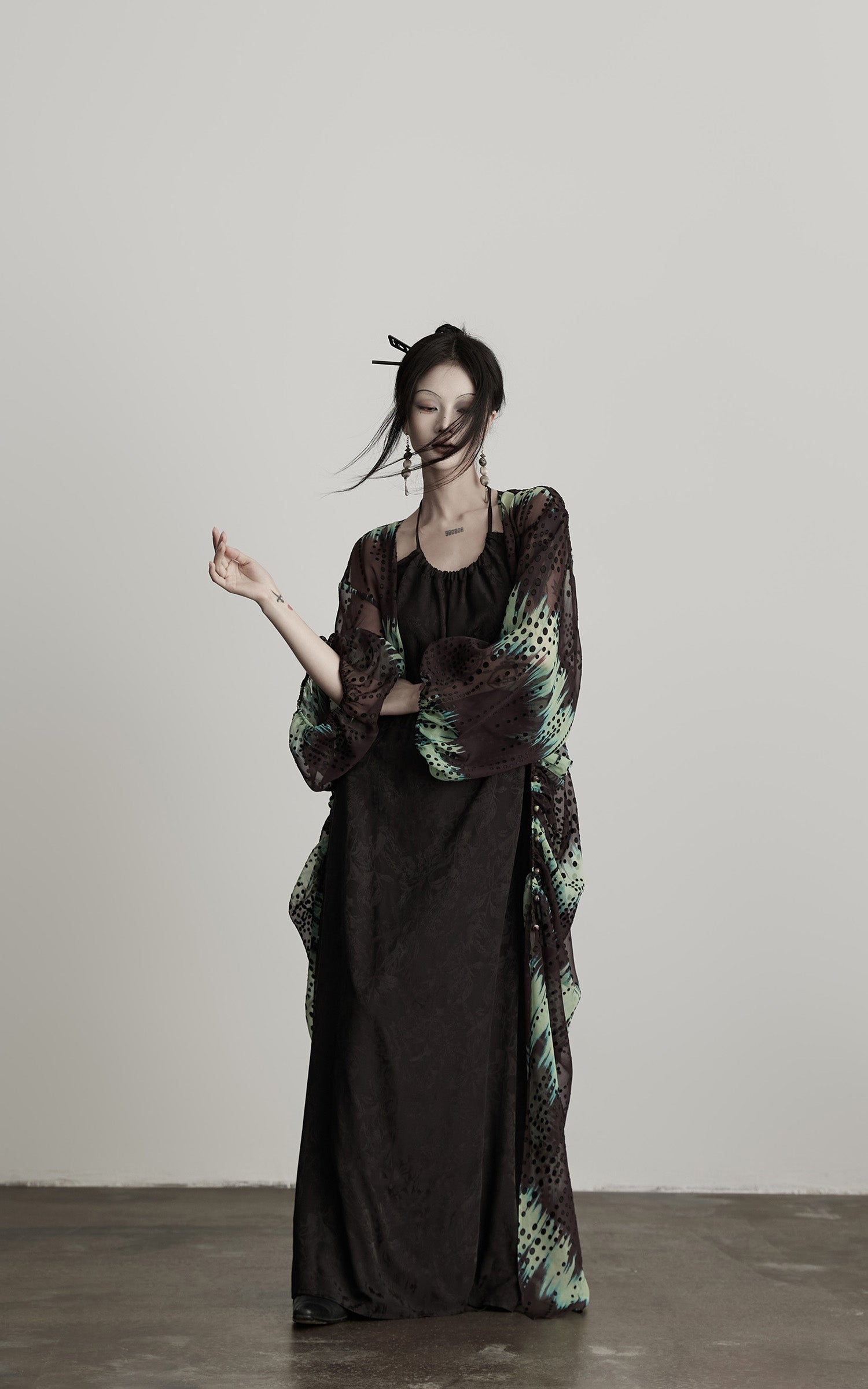 DOINDULGE Draped Dot Mesh Cardigan