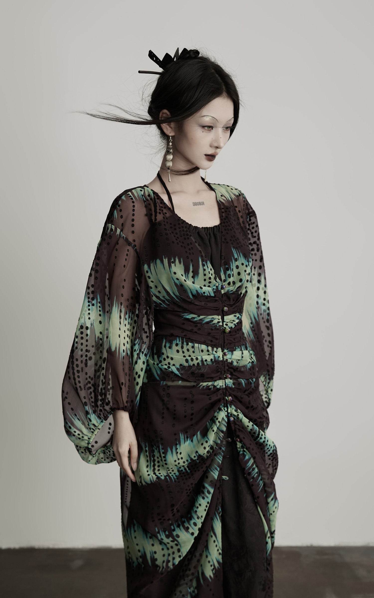 DOINDULGE Draped Dot Mesh Cardigan