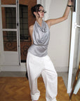 0122stepll Pinstripe Open-Back Draped Halter Top