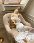Rase le sol Draped Halter Backless Gown with Oversized Bow - PINKPARKS