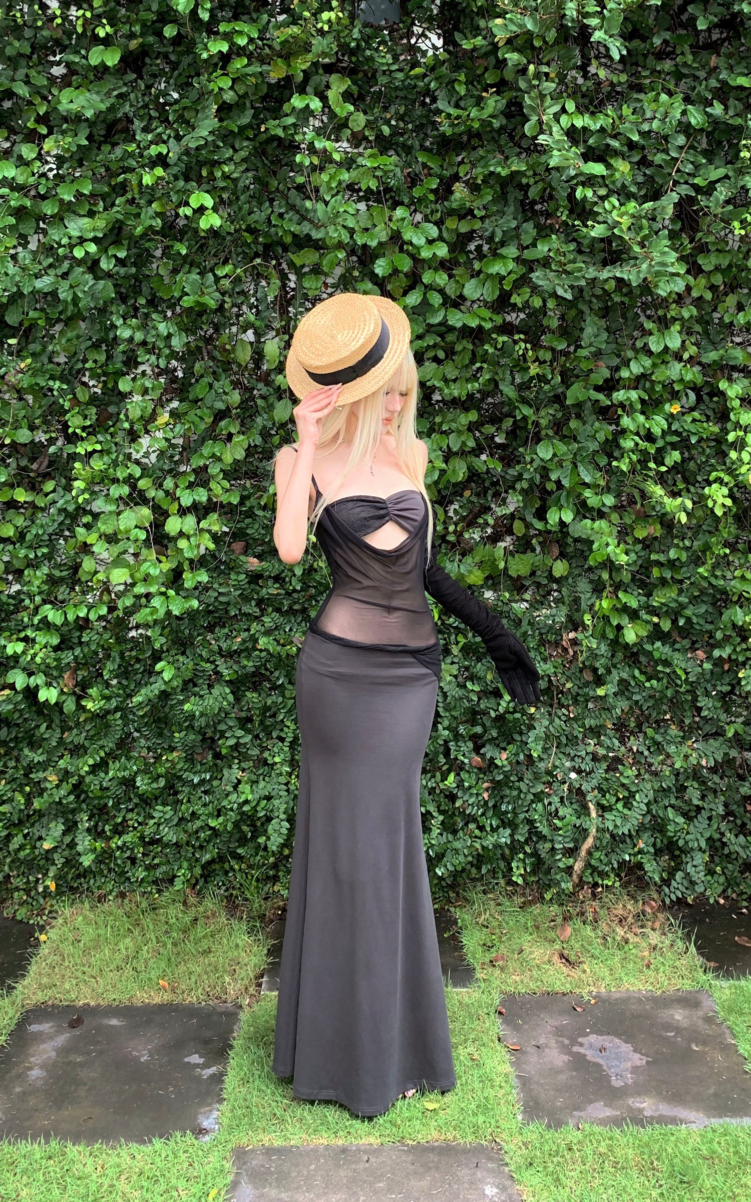 Rase le sol Sheer Panel Spliced Corset Maxi Dress - PINKPARKS