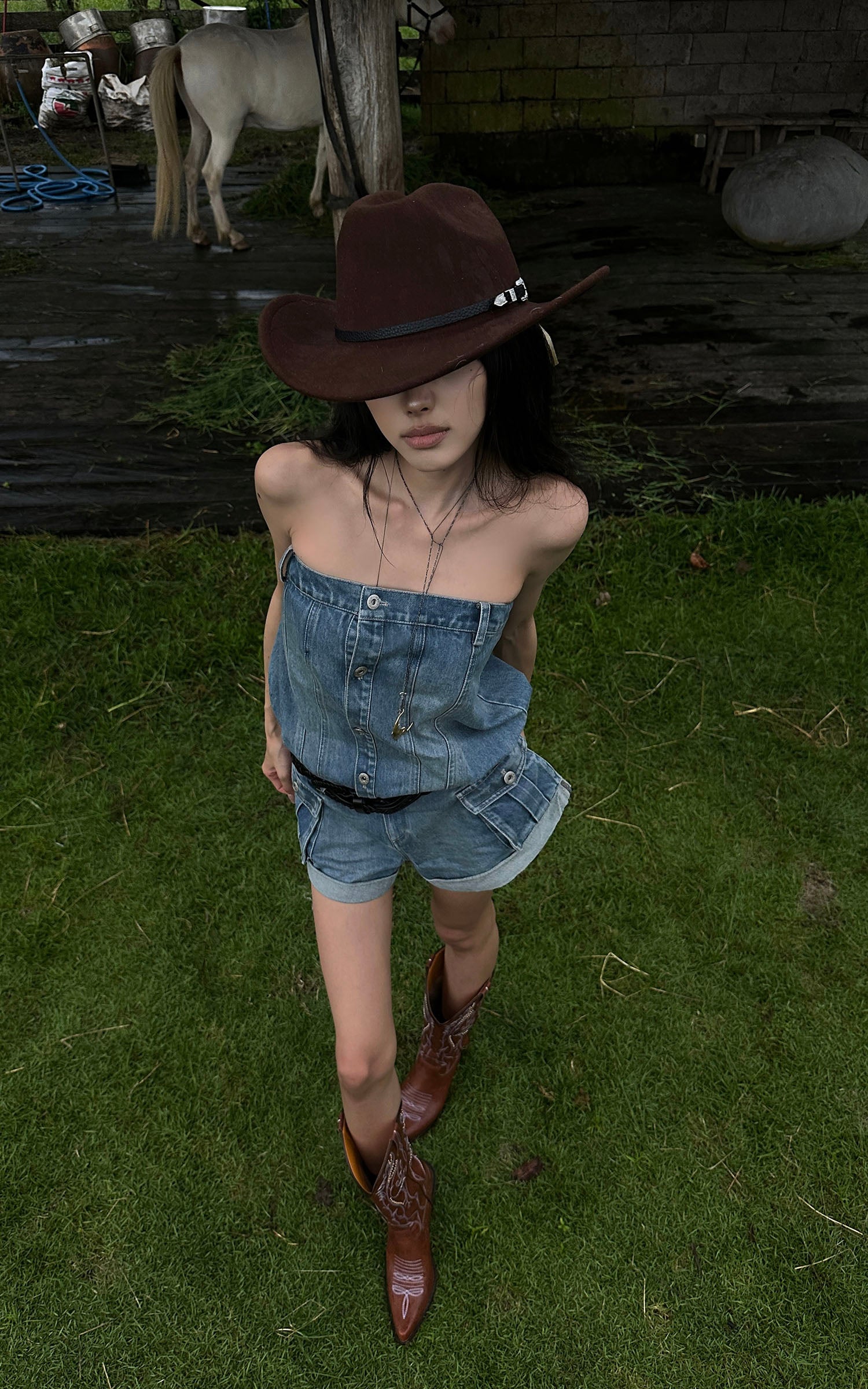 WARDEN EDGE Strapless Denim Utility Romper - PINKPARKS