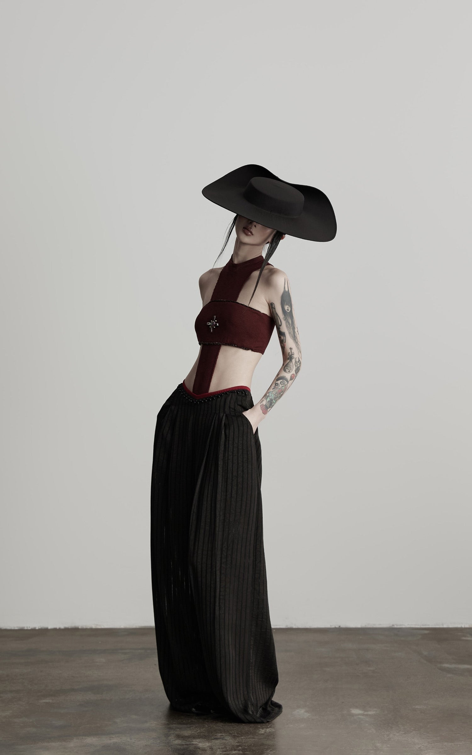 DOINDULGE Ruched Wide-Leg Pants with V-Cut Waist and Beaded Trim