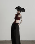 DOINDULGE Ruched Wide-Leg Pants with V-Cut Waist and Beaded Trim