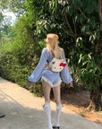 Rase le sol Lace Trim Lantern Sleeve Top & Shorts Set - PINKPARKS