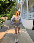 Rase le sol Lace Trim Lantern Sleeve Top & Shorts Set - PINKPARKS