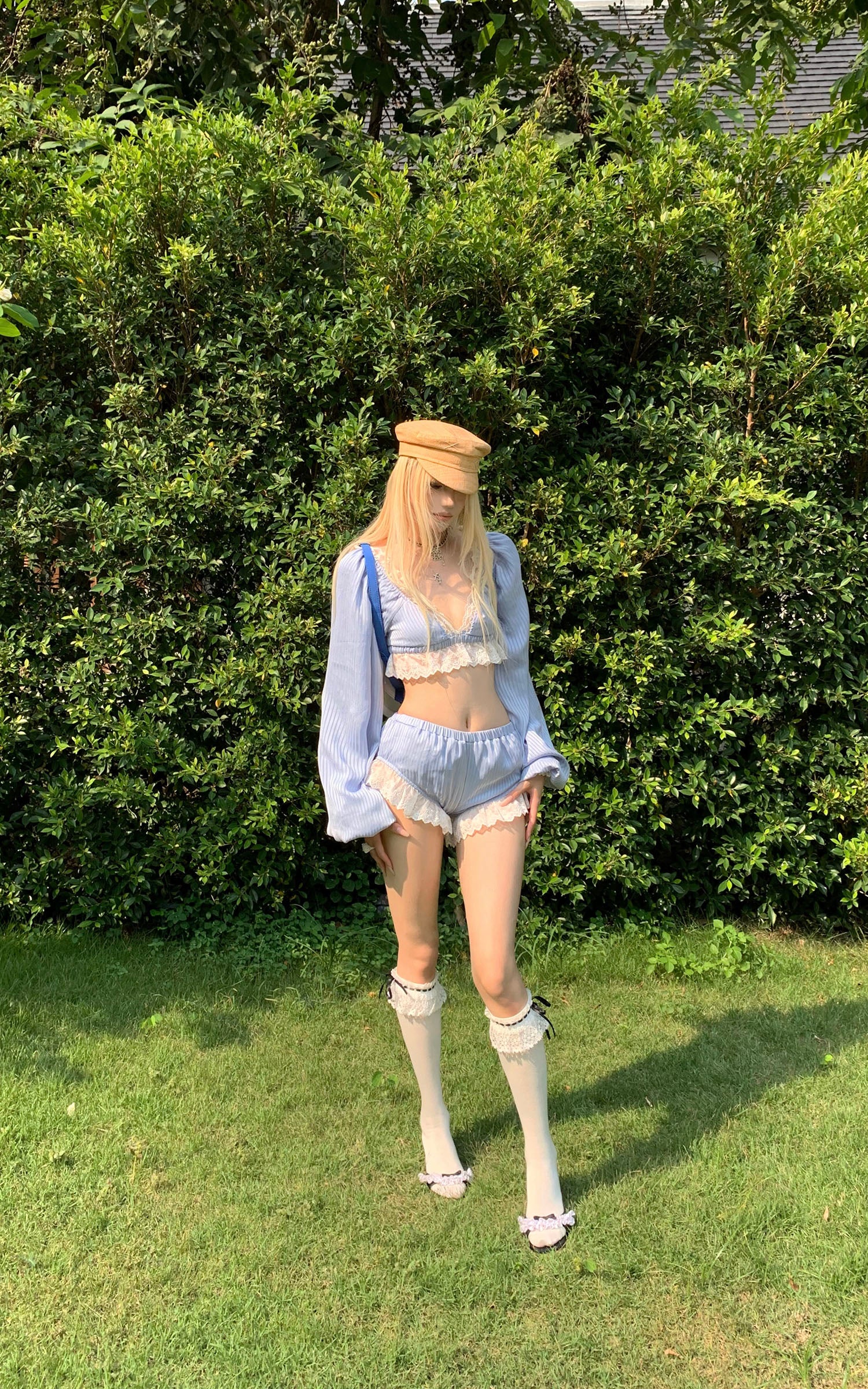 Rase le sol Lace Trim Lantern Sleeve Top &amp; Shorts Set - PINKPARKS