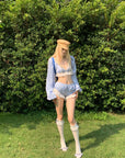 Rase le sol Lace Trim Lantern Sleeve Top & Shorts Set - PINKPARKS