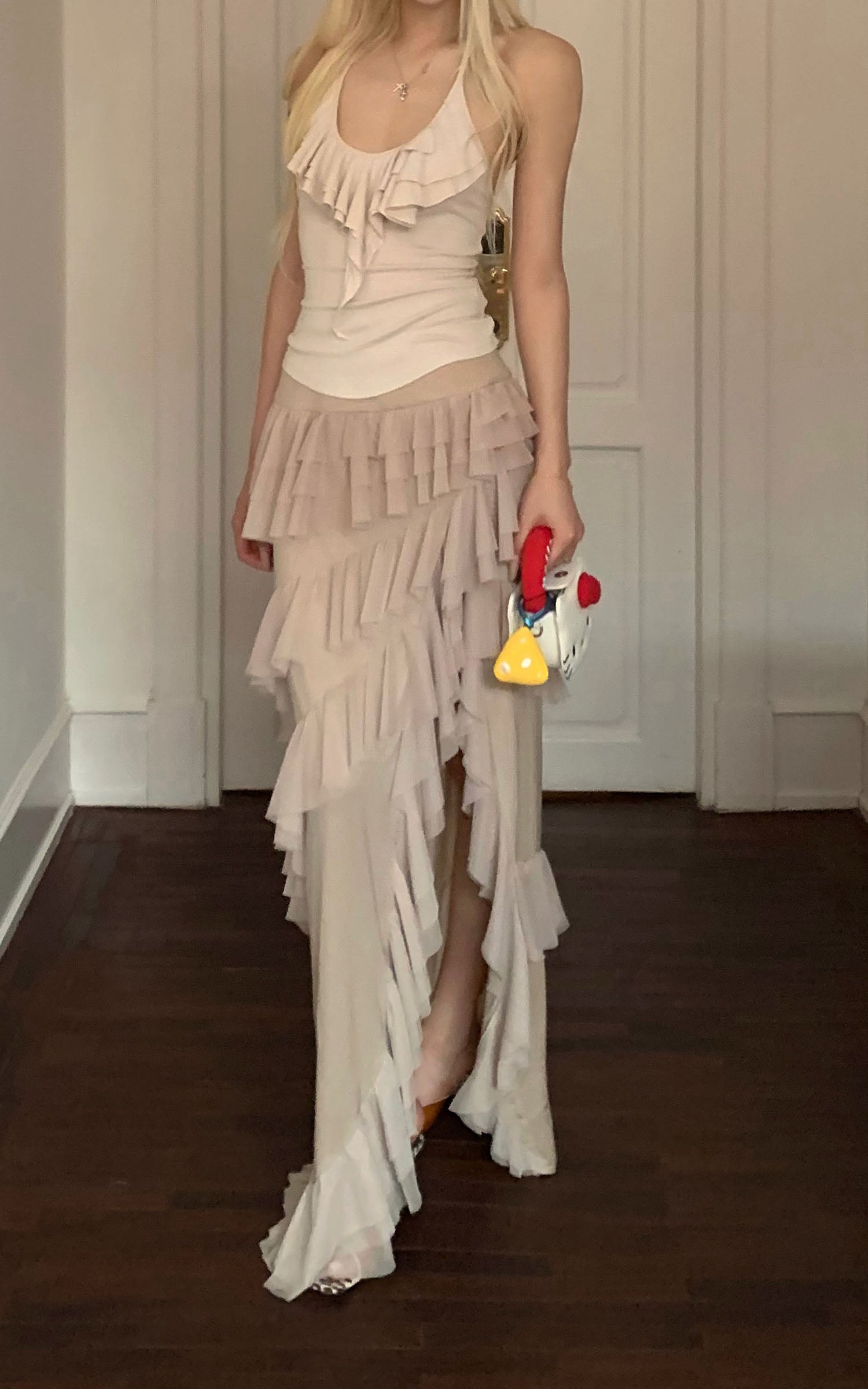 Rase le sol Ruffled Halter Sleeveless Knit Top in Soft Cream - PINKPARKS
