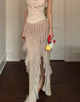 Rase le sol Ruffled Halter Sleeveless Knit Top in Soft Cream - PINKPARKS