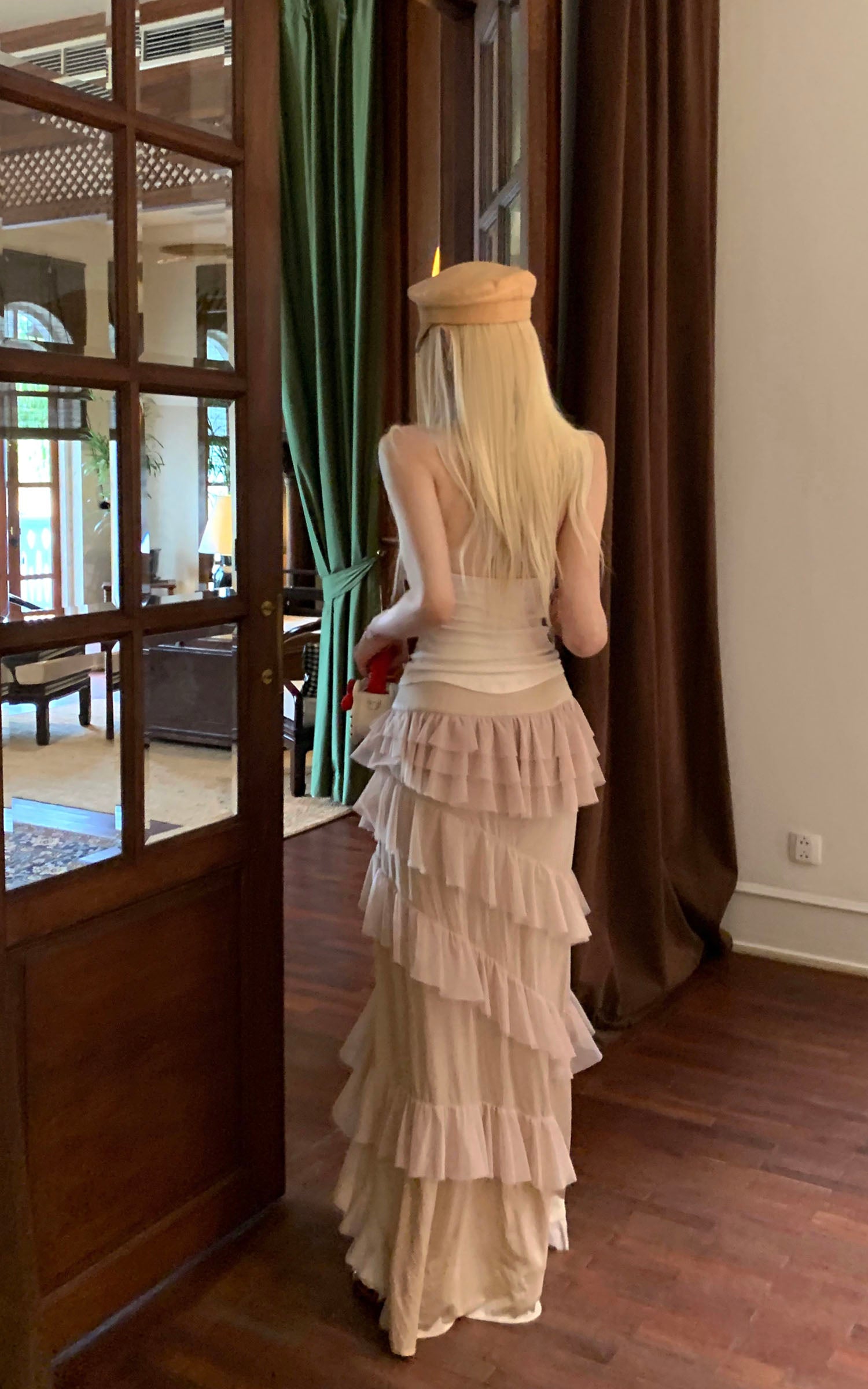 Rase le sol Ruffled Halter Sleeveless Knit Top in Soft Cream - PINKPARKS