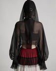 DOINDULGE Draped Mesh Hooded Cardigan with Tassel Accents and Voluminous Sleeves