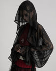 DOINDULGE Draped Mesh Hooded Cardigan with Tassel Accents and Voluminous Sleeves