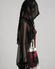 DOINDULGE Draped Mesh Hooded Cardigan with Tassel Accents and Voluminous Sleeves