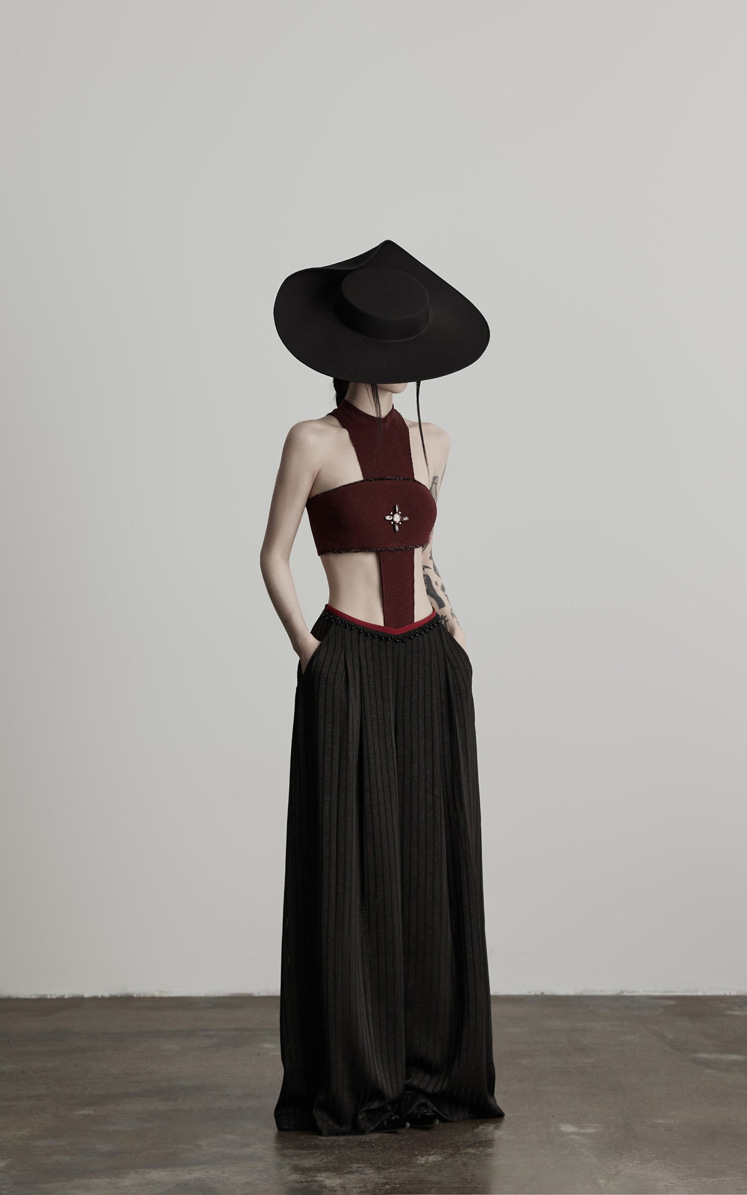 DOINDULGE Ruched Wide-Leg Pants with V-Cut Waist and Beaded Trim