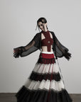 DOINDULGE Draped Mesh Hooded Cardigan with Tassel Accents and Voluminous Sleeves
