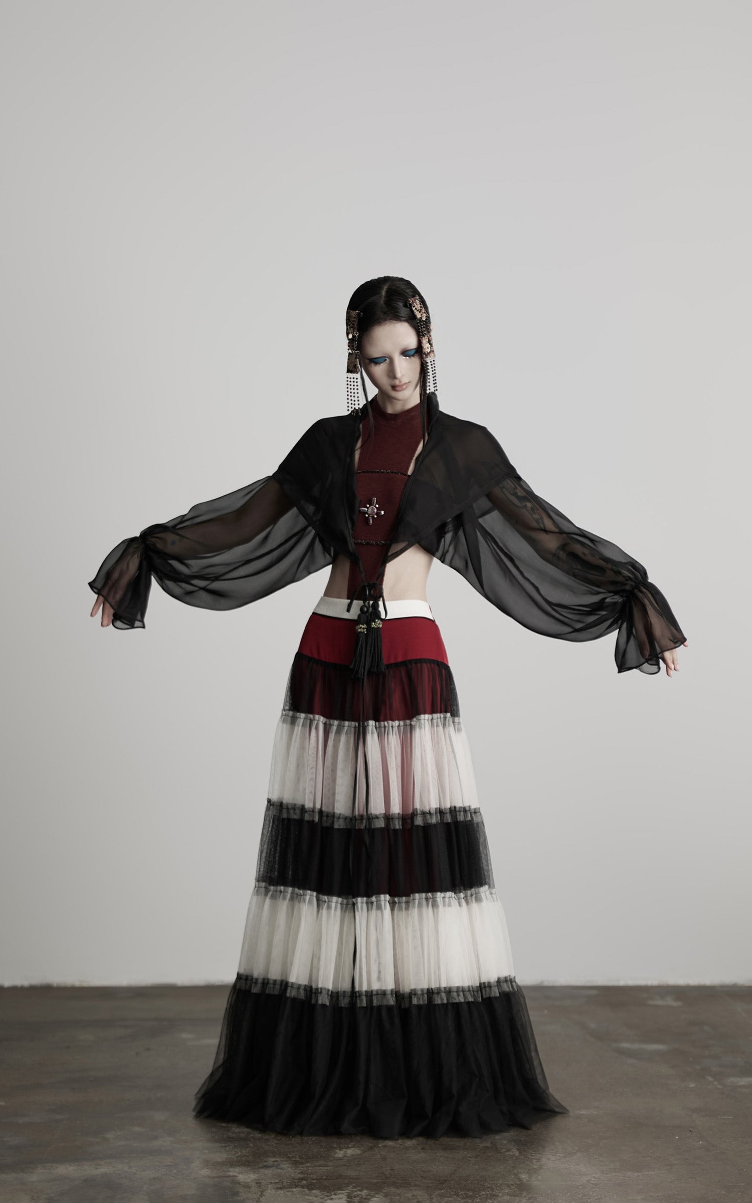 DOINDULGE Draped Mesh Hooded Cardigan with Tassel Accents and Voluminous Sleeves