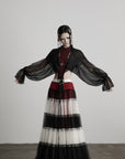 DOINDULGE Draped Mesh Hooded Cardigan with Tassel Accents and Voluminous Sleeves