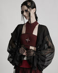 DOINDULGE Draped Mesh Hooded Cardigan with Tassel Accents and Voluminous Sleeves