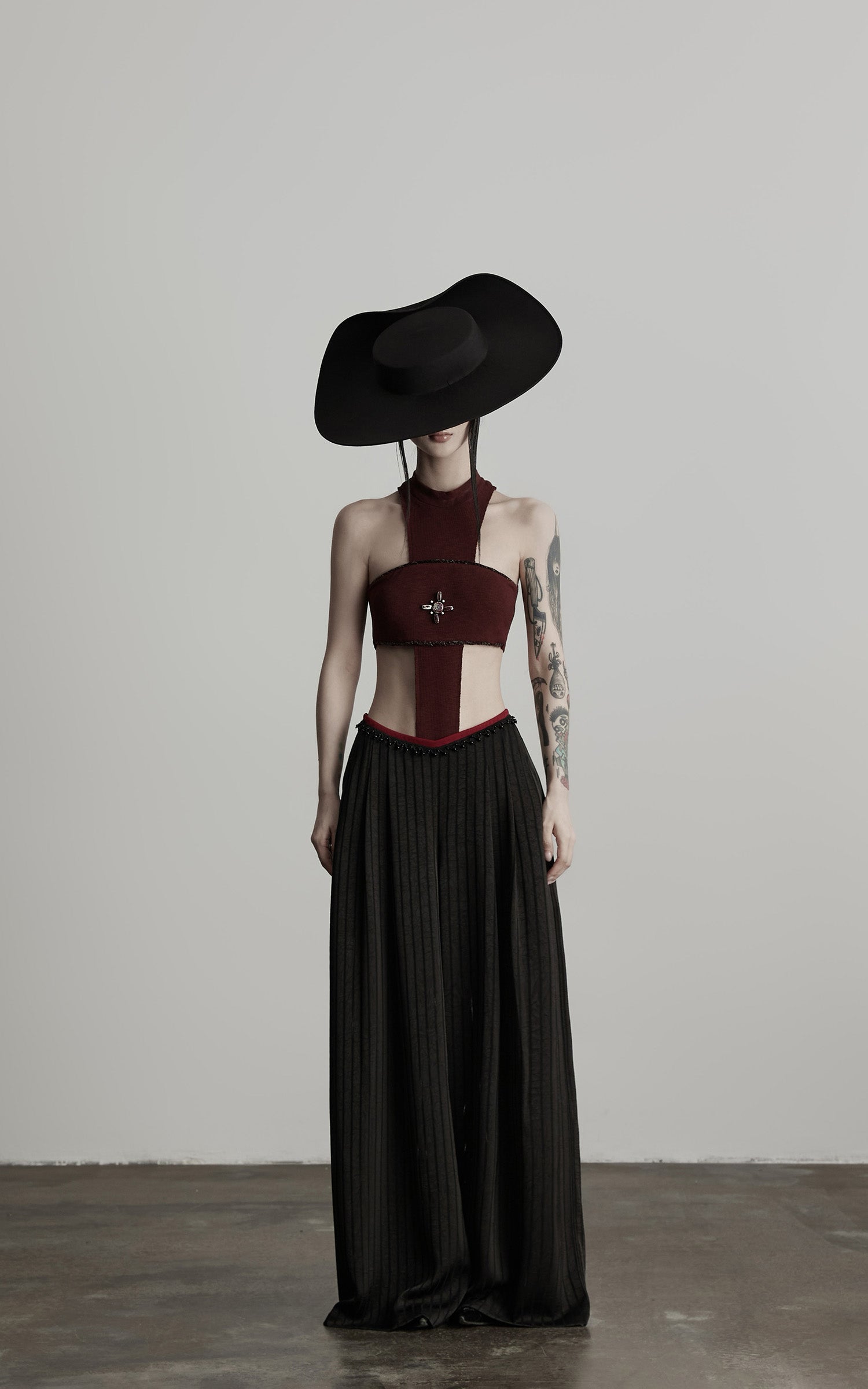 DOINDULGE Ruched Wide-Leg Pants with V-Cut Waist and Beaded Trim