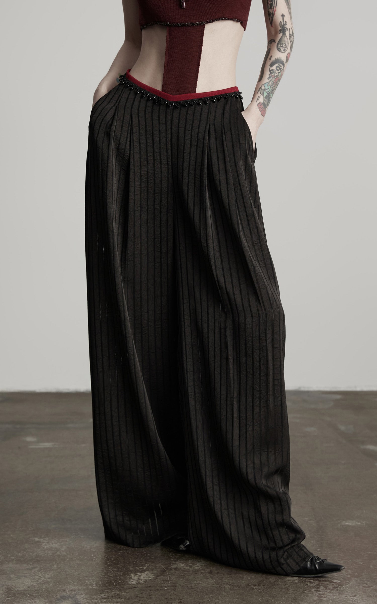 DOINDULGE Ruched Wide-Leg Pants with V-Cut Waist and Beaded Trim