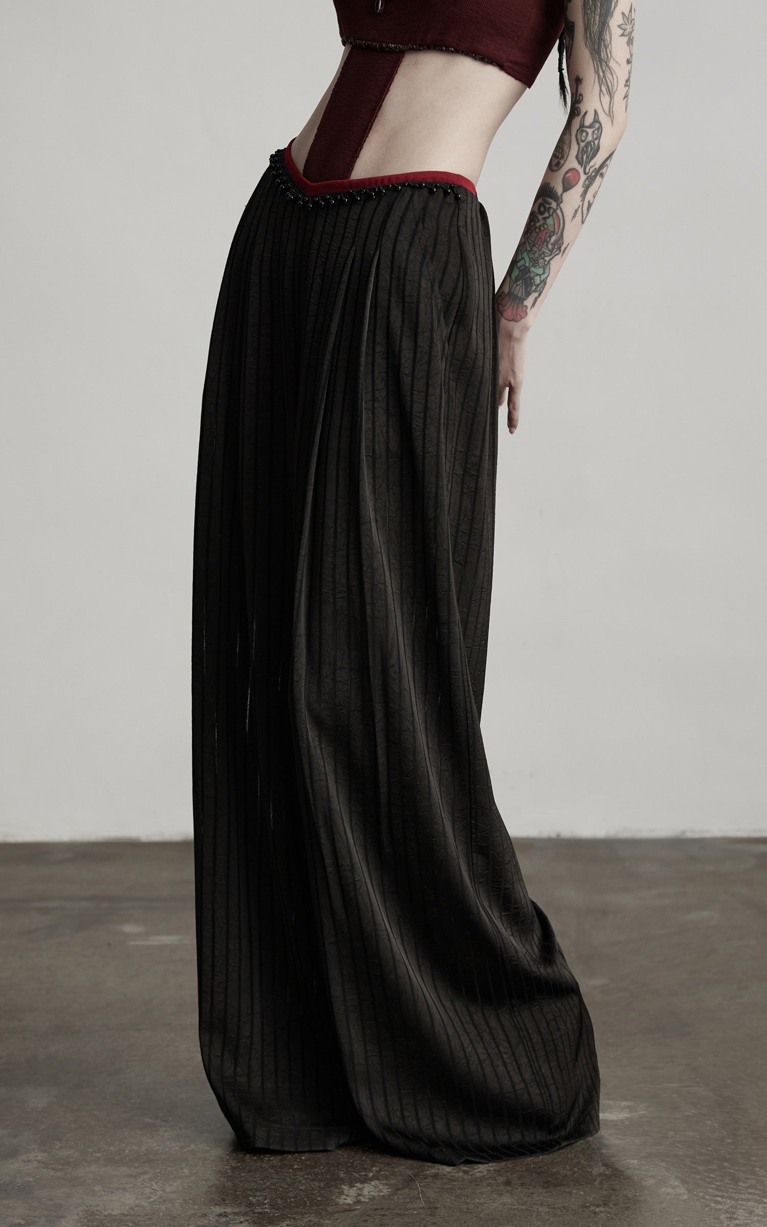 DOINDULGE Ruched Wide-Leg Pants with V-Cut Waist and Beaded Trim