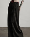 DOINDULGE Ruched Wide-Leg Pants with V-Cut Waist and Beaded Trim