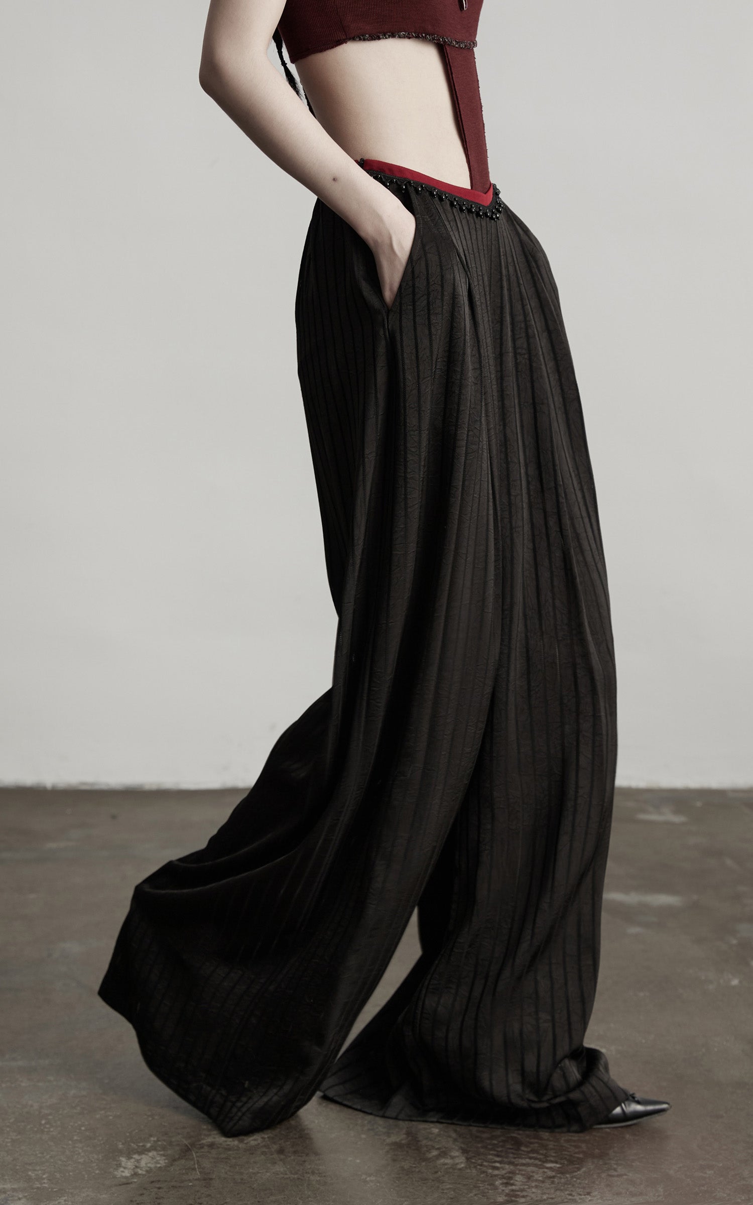 DOINDULGE Ruched Wide-Leg Pants with V-Cut Waist and Beaded Trim
