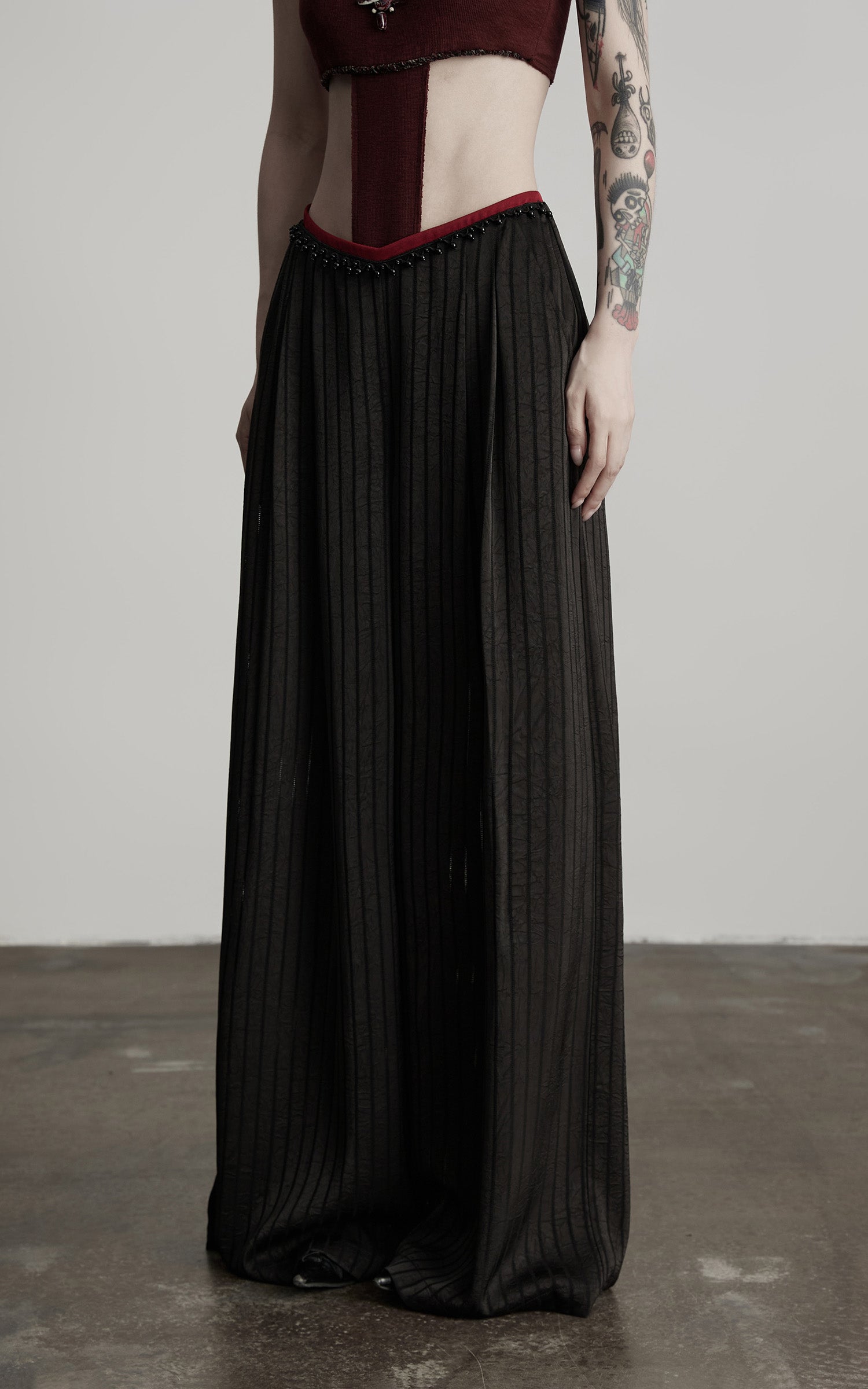 DOINDULGE Ruched Wide-Leg Pants with V-Cut Waist and Beaded Trim