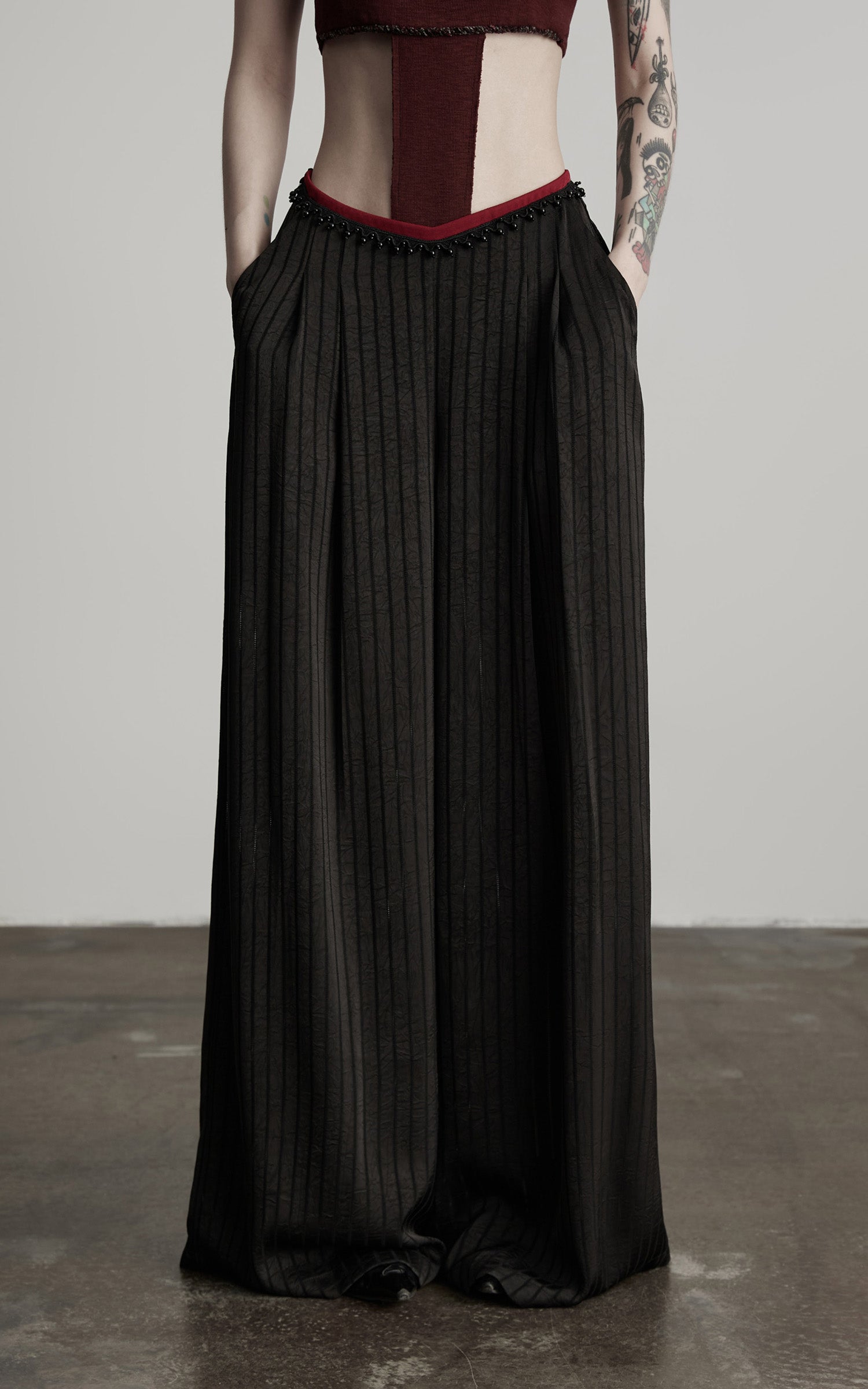 DOINDULGE Ruched Wide-Leg Pants with V-Cut Waist and Beaded Trim
