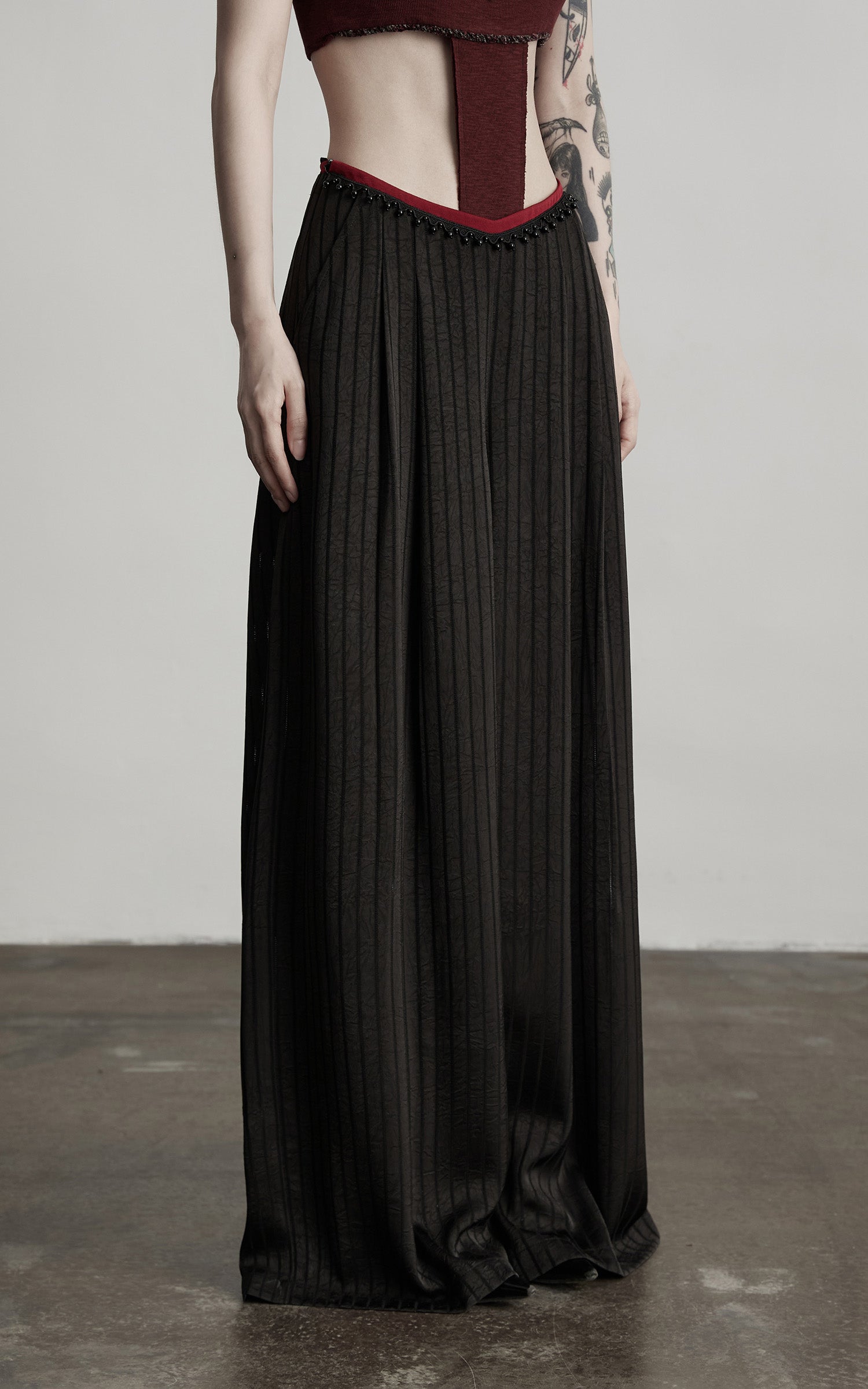 DOINDULGE Ruched Wide-Leg Pants with V-Cut Waist and Beaded Trim