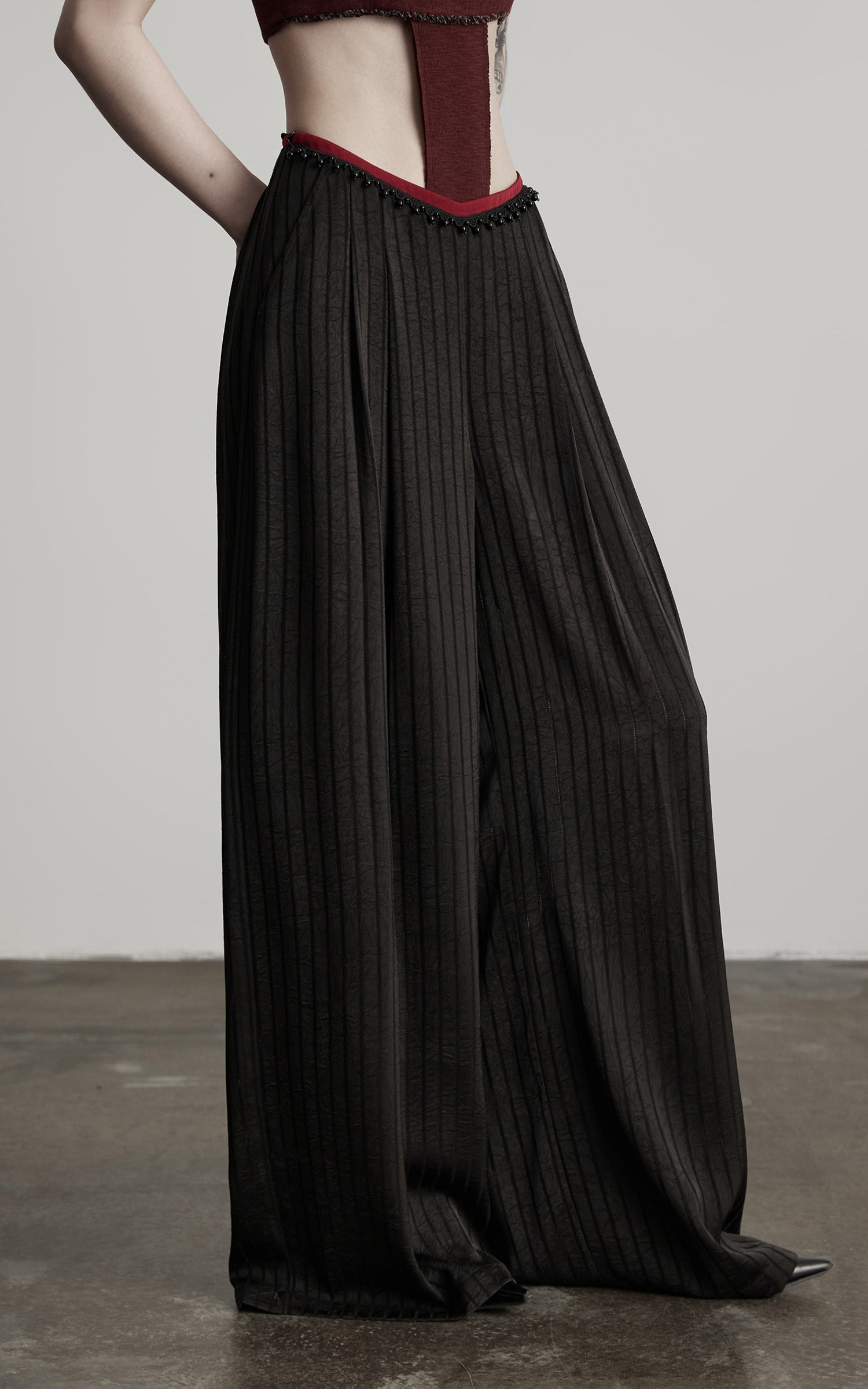 DOINDULGE Ruched Wide-Leg Pants with V-Cut Waist and Beaded Trim